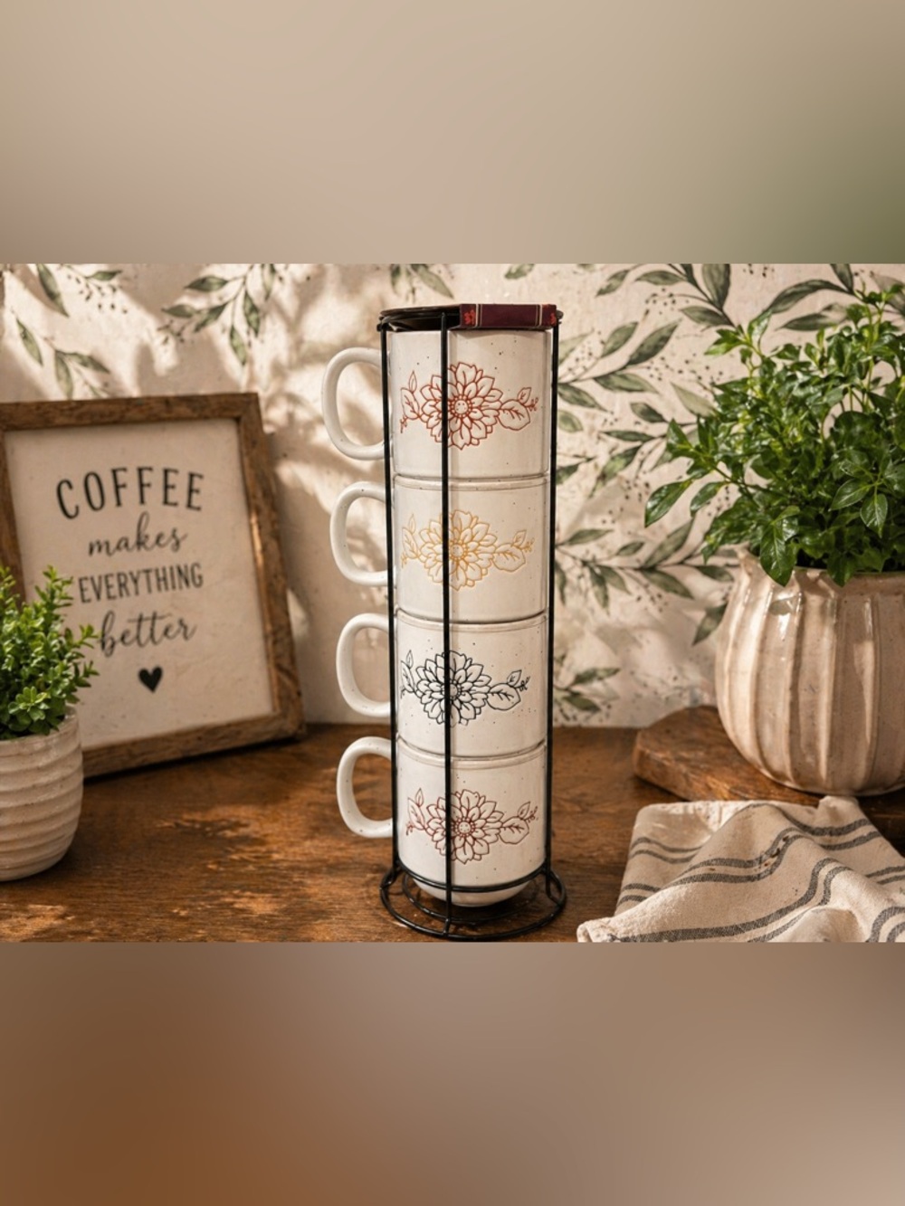 Stackable Ceramic Mugs with Floral Prints - White with Red, Gold, Black Accents